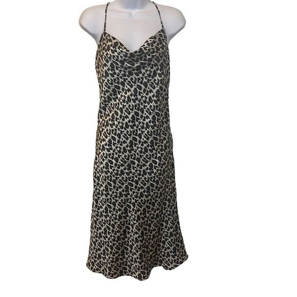 She + Sky Black Gray Cheetah Print Racerback Cowl Neck Midi Slip Dress Small - Picture 1 of 8